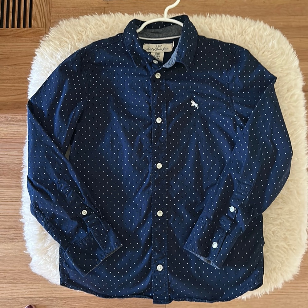 H&M LOGG long-sleeved button-down navy shirt with white polka dots.  ADORABLE!